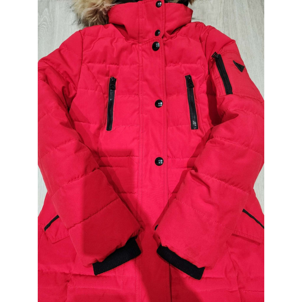 GUESS Puffer Parka Jacket Faux Fur Hood Red S/CH/XS Zip Pockets Winter Used - Picture 11 of 13